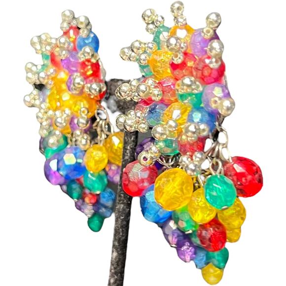 Vintage Rainbow Crystal Cluster Clip On Earrings Statement Beaded Drops - Picture 5 of 10